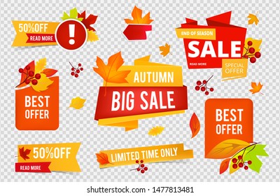 Autumn sale badges collection. Fall sales vector banners labels with red orange leaves isolated on transparent background