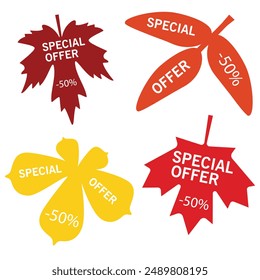 Autumn sale badges collection. Fall sales banners labels red orange leaves isolated on background. Special offer. Vector illustration