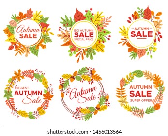 Autumn sale badges. Fall season sales, autumnal yellow leaves frame and september discount banners. Pumpkin retail sale logo, autumn leaf special price discounts badges. Isolated vector icons set