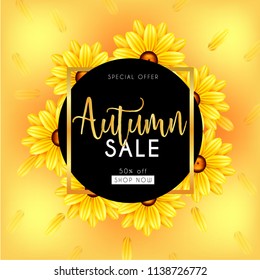 Autumn Sale Banner With 3d Leaves, Flowers with yellow abstract Background