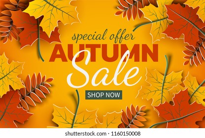 Autumn Sale Banner, 3d Paper Colorful Tree Leaves On Yellow Background. Autumnal Design For Fall Season Sale Banner, Special Offer Poster, Flyer, Web Site, Paper Cut Art Style, Vector Illustration