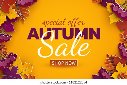 Autumn sale banner, 3d paper colorful tree leaves on yellow background. Autumnal design for fall season sale banner, special offer poster, flyer, web site, paper cut art style, vector illustration