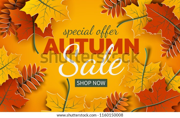 黄色い背景に秋のセールバナー 3dの紙のカラフルな木の葉 秋期のセールバナーの秋のデザイン 特別オファーポスター チラシ ウェブサイト 紙切れアートスタイル ベクターイラスト のベクター画像素材 ロイヤリティフリー