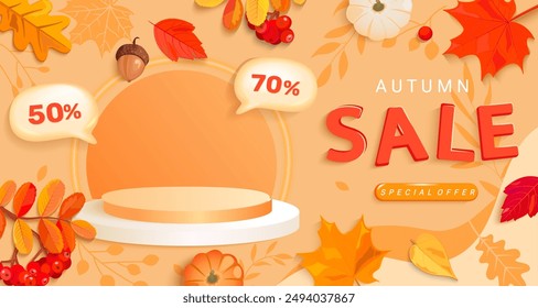 Herbstverkauf Banner mit 3D-Podium für Rabatte Promotionen, neue Produkte anzeigen.Bunte Fallblätter,Vogelbeeren,Eicheln,Kürbisse.Runder Sockel für saisonale Angebote,Promo,Präsentation.Vektorgrafik Vorlage