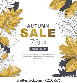 Autumn sale banner with 3d style gold and outline autumn leaves. Vector fall poster golden background. Layout for discount labels, flyers and shopping.