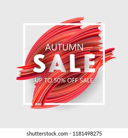 Autumn Sale Banner up to 50% off sale sign over red art brush acrylic stroke paint abstract texture background poster vector illustration. Perfect watercolor design for a shop and sale banners