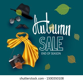 Autumn sale banner with accessoires and falling leaves. Vector illustration