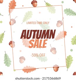 Autumn sale banner with acorns and colorful oak leaves