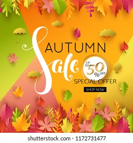 Autumn Sale Banner. Autumnal foliage. Vector paper style