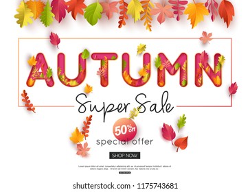 Autumn Sale Banner. Autumnal foliage. Vector paper style
