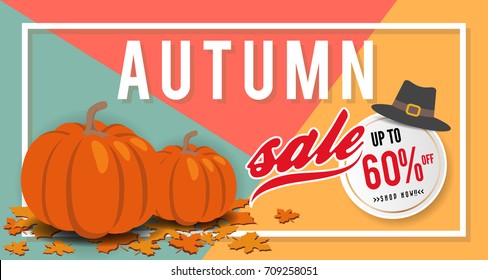 Autumn sale banner background design with pumpkin and maple leaves. Vector illustration