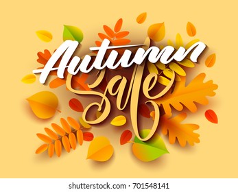 Autumn sale banner background with fall leaves. Vector illustration