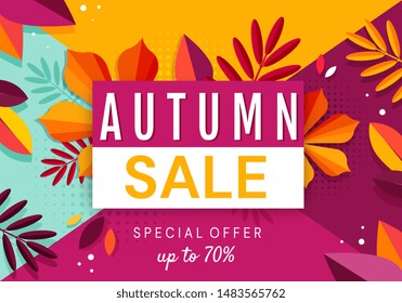 Autumn sale banner background with fallen leaves. Vector illustration