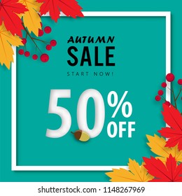 autumn sale banner background ,fifty percent sale off with paper art design vector or illustration