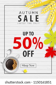 autumn sale banner background ,fifty percent sale off with coffee cup and barley rice on wood texture vector or illustration