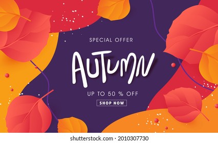 Autumn sale banner background layout decorate with autumn leaves 