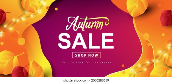 Autumn sale banner background layout decorate with autumn leaves 