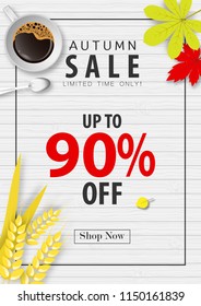autumn sale banner background ,ninety percent sale off with coffee cup and barley rice on wood texture vector or illustration