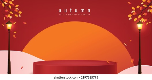 Autumn sale banner background with product display cylindrical shape decorate autumn trees landscape 