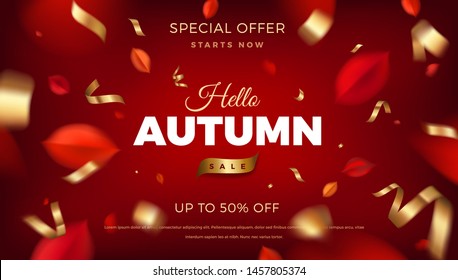 Autumn sale banner background with red leaves and golden confetti decoration, fall nature vector promo design elements. Web layout template