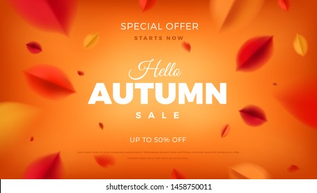 Autumn sale banner background with red leaves, fall nature vector promo design elements. Web layout template