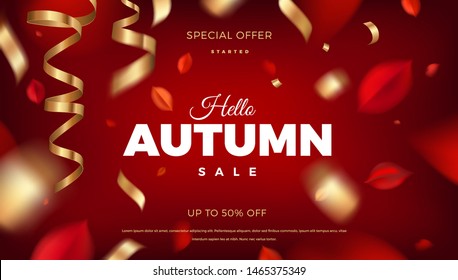 Autumn sale banner background with red leaves and golden confetti decoration, vector promo design elements. Web layout, fall template