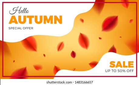 Autumn sale banner background with red leaves, fall nature vector promo design elements. Web layout template