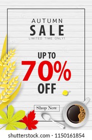 autumn sale banner background ,seventy percent sale off with coffee cup and barley rice on wood texture vector or illustration
