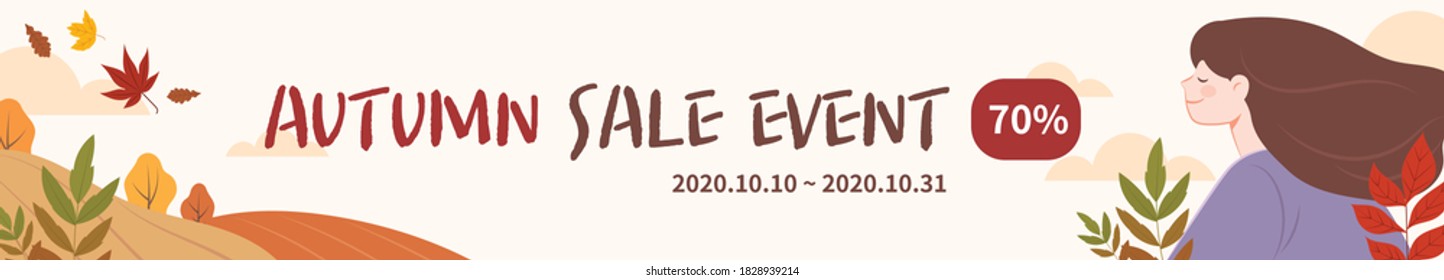 Autumn sale banner background template. The woman is looking at the autumnal mountains in the distance.