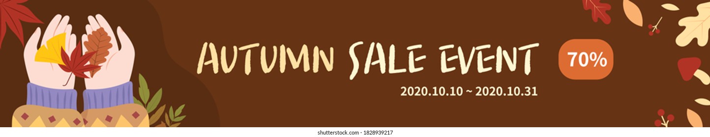 Autumn sale banner background template. A man in a sweater is holding fallen leaves.