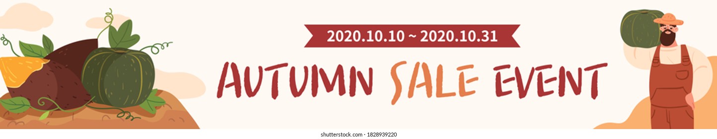 Autumn sale banner background template. The farmer is holding a sweet pumpkin. Sweet potato and sweet pumpkin field.