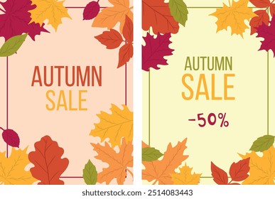 Autumn sale banner, background template design. Collection of hand drawn fall templates for social media, cards, invitations, advertising, web. Sale, discount, shop now.