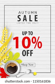 autumn sale banner background ,ten percent sale off with coffee cup and barley rice on wood texture vector or illustration