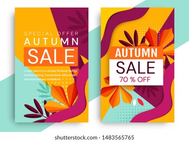 Autumn sale banner backgrounds with fallen leaves. Vector illustration.