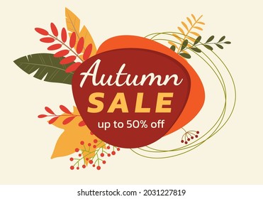 Autumn sale banner or bade design with fall leaves and abstract geometric shapes. Promotion or discount card template. Vector illustration. 