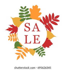 Autumn sale banner with bouquet of leaf. Circle frame with leaves. Vector illustration on white background.