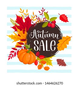 Autumn sale banner with bright colorful leaves. Autumn foliage vector illustration. Fall discount poster design.