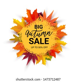 Autumn Sale banner with bright leaves. Hand lettering text "autumn". Season vacation, weekend, holiday logo. Great for cards, brochure, flyer, advertising  poster template. Vector illustration.