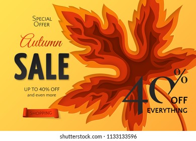 Autumn sale banner with carving art of maple leaf. 3D realistic fall background in paper cut style for design of flyers with discount offers. File contains clipping mask.
