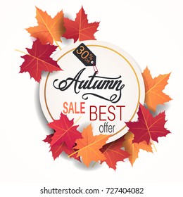 Autumn sale banner with colorful bright maple fall leaves. Vector illustration with discount tags circles background