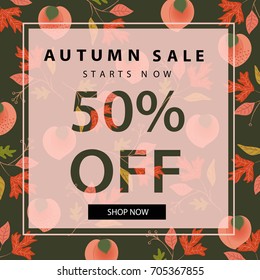 Autumn sale banner with colorful fall oak leaves and peach fruits.Starts now.Shop now button.Vintage fashion pattern.Vector illustration.