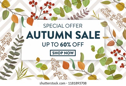 Autumn Sale banner with colorful autumn leaves on geometric background. Discount design background with leaves in  watercolor style. Autumn shopping discount promotion vector illustration