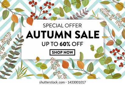 Autumn Sale banner with colorful autumn leaves on geometric background. Discount design background with leaves in  watercolor style. Autumn shopping discount promotion vector illustration