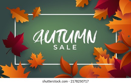 Autumn Sale Banner With Colorful Leaves On Green Background For Social Media, Promotional Materials, Ads, Email Marketing