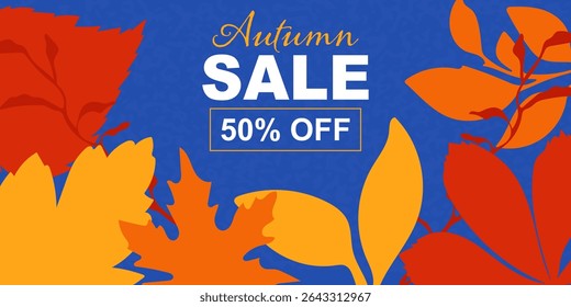 Autumn sale banner with colorful autumn leaves on blue background. Seasonal discount message for advertising banner. Vector.
