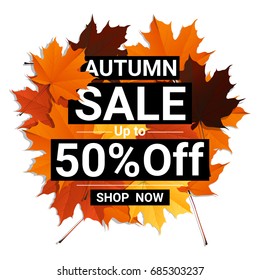 Autumn sale banner with colorful leaves , vector , illustration