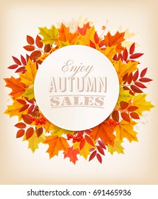 Autumn Sale Banner With Colorful Leaves. Vector