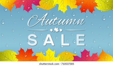 Autumn sale banner with colorful leaves and raindrops on blue background.