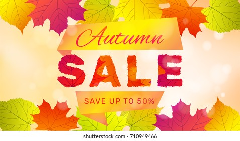 Autumn sale banner with colorful leaves on sunny background.