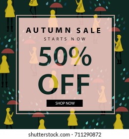 Autumn sale banner with colorful pattern background.People,umbrella and rain.Starts now.Shop now button.Vintage fashion pattern.Vector illustration.